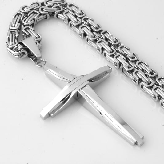 Fashion Jewelry New Design Smooth Cross Pendant Necklace Mens Chain Stainless Steel Byzantine Link Black Gold Silver Color