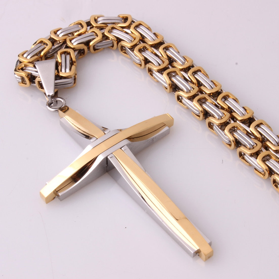 Fashion Jewelry New Design Smooth Cross Pendant Necklace Mens Chain Stainless Steel Byzantine Link Black Gold Silver Color