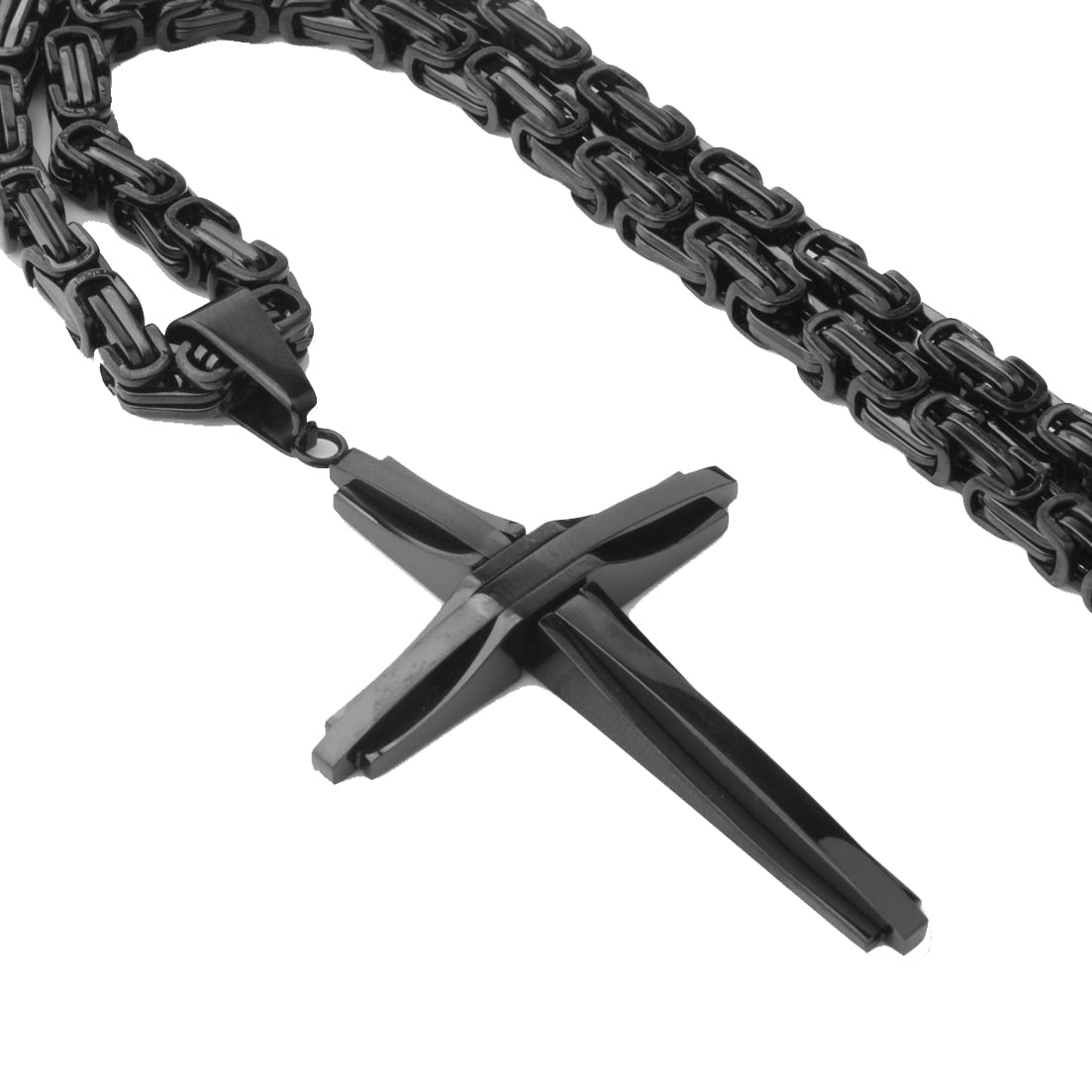 Fashion Jewelry New Design Smooth Cross Pendant Necklace Mens Chain Stainless Steel Byzantine Link Black Gold Silver Color