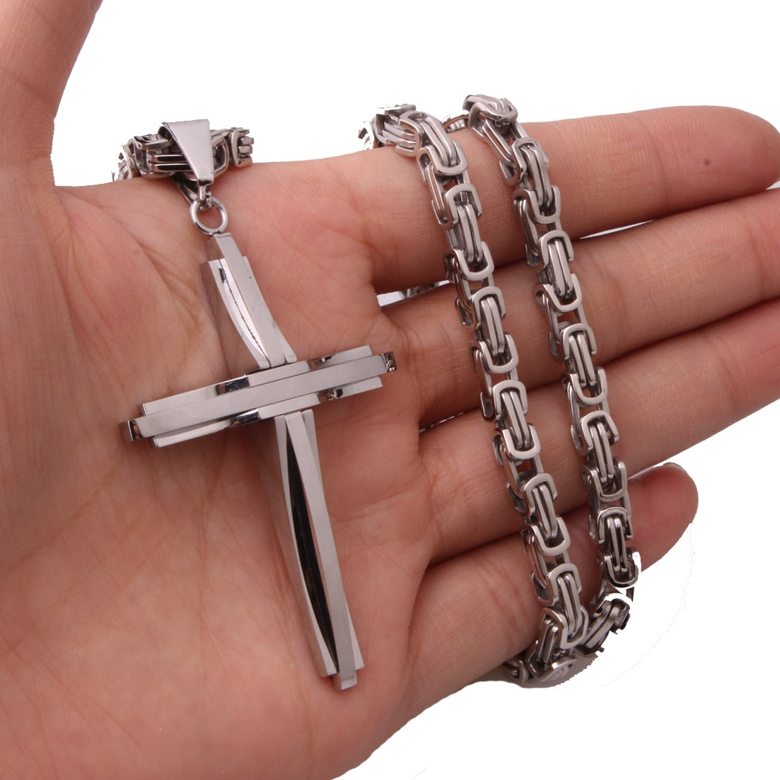 Fashion Jewelry New Design Smooth Cross Pendant Necklace Mens Chain Stainless Steel Byzantine Link Black Gold Silver Color