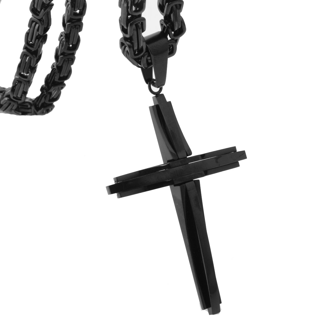 Fashion Jewelry New Design Smooth Cross Pendant Necklace Mens Chain Stainless Steel Byzantine Link Black Gold Silver Color