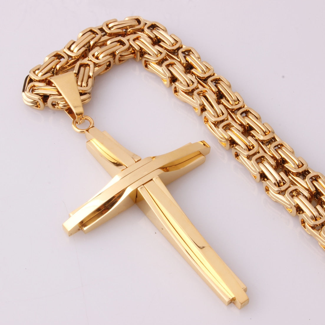 Fashion Jewelry New Design Smooth Cross Pendant Necklace Mens Chain Stainless Steel Byzantine Link Black Gold Silver Color